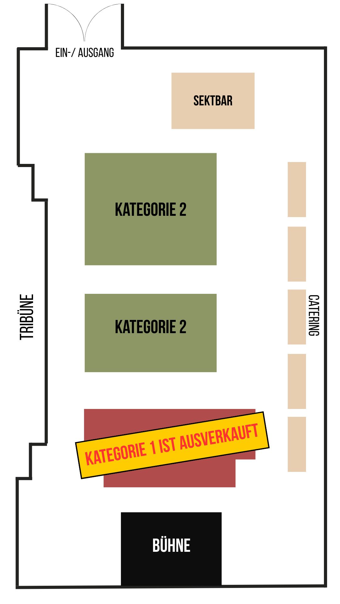 Schematischer Sitzplan der Hasselgrundhalle für die Neuenhainer Tanzgala. Vorne befindet sich die Bühne, direkt dahinter Kategorie 1 in Grün. Dahinter liegen zwei Blöcke Kategorie 2 in Rot. Links an der Wand verläuft eine Tribüne, rechts sind Cateringstände und oben rechts eine Sektbar. Der Ein- und Ausgang liegt an der oberen Wand.