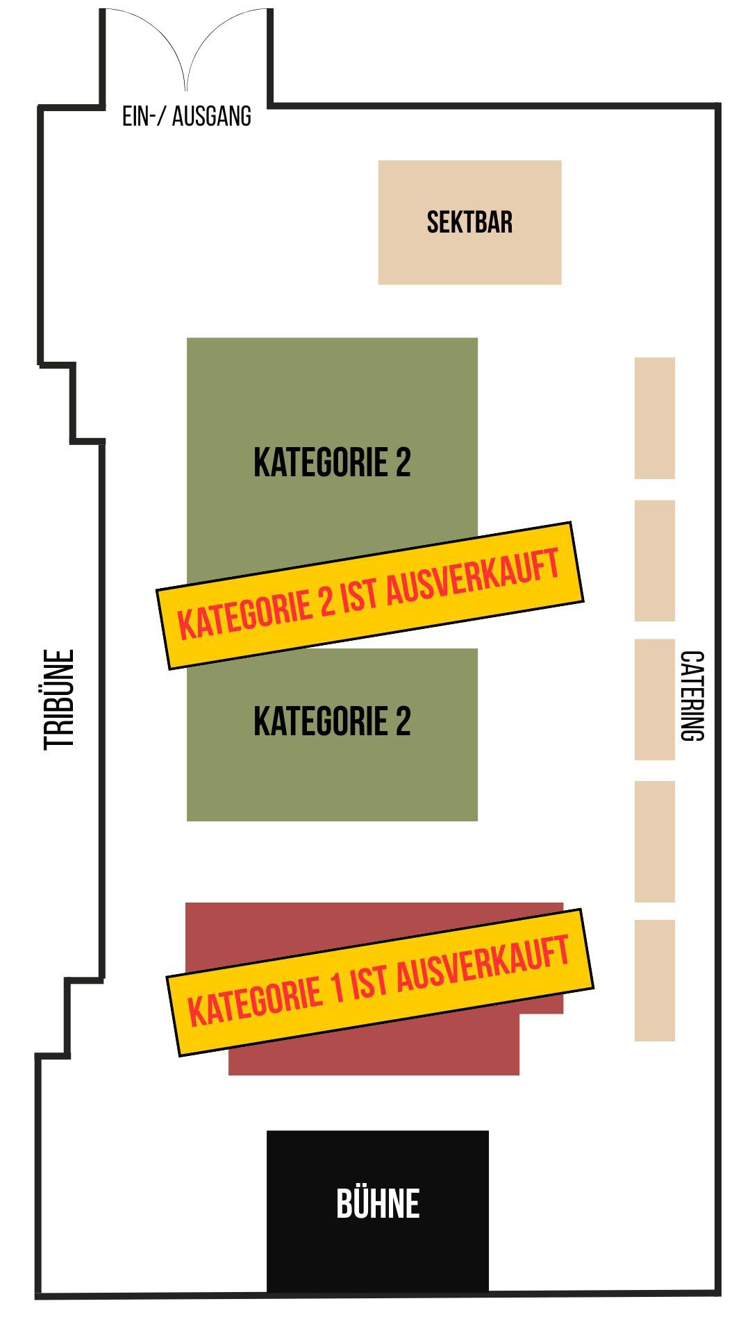 Schematischer Sitzplan der Hasselgrundhalle für die Neuenhainer Tanzgala. Vorne befindet sich die Bühne, direkt dahinter Kategorie 1 in Grün. Dahinter liegen zwei Blöcke Kategorie 2 in Rot. Links an der Wand verläuft eine Tribüne, rechts sind Cateringstände und oben rechts eine Sektbar. Der Ein- und Ausgang liegt an der oberen Wand.